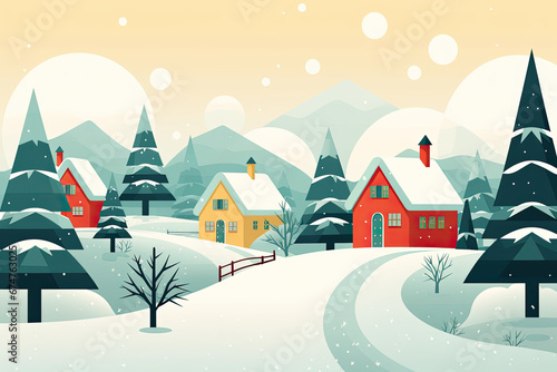 Snowy Winter Scene with Colorful Houses  Christmas Card Banner