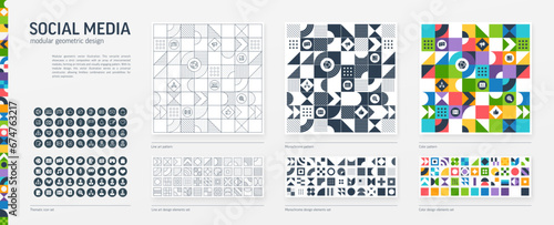 Social Media Modular Geometric Design. Thin Line, Black, White and Color style Pattern. Communication Graphic Elements Set. Web, Network, Market Icon. Triangle, Square, Circle Forms. Grid Construct
