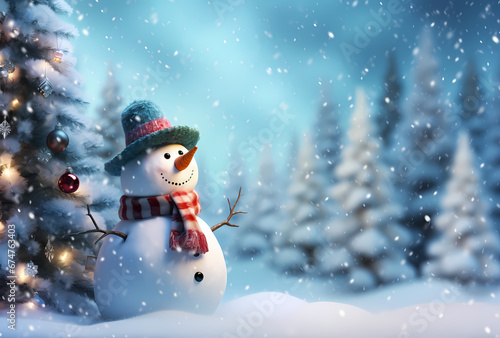 christmas winter scene with a snowman and a christmas tree