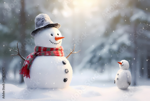 snowman with hat and santa in snowcovered forest, in the style of blurred landscapes © Milito