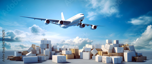 A large airplane is flying above many packages and boxes, symbolizing air cargo, shipment, and delivery services