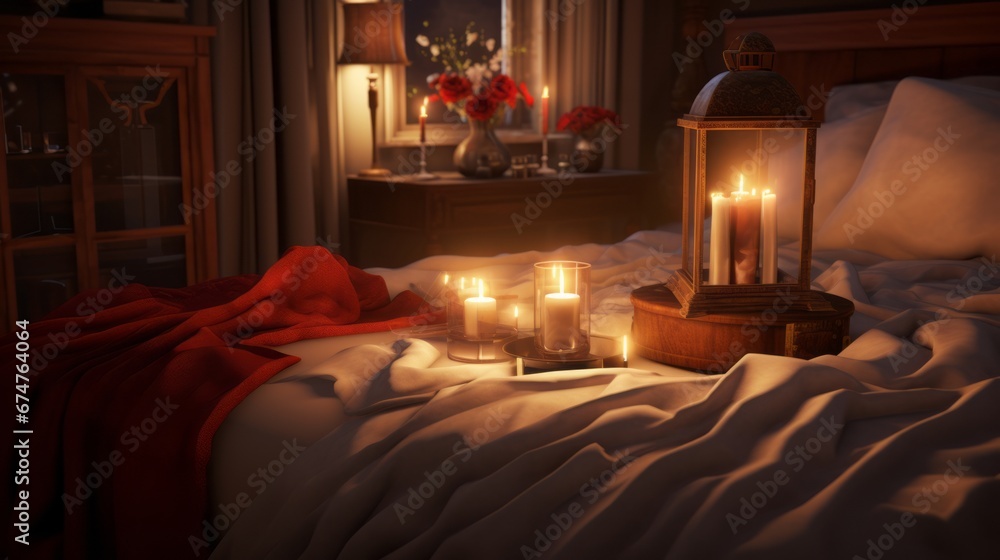Fototapeta premium Romantic room with candles and rose petals