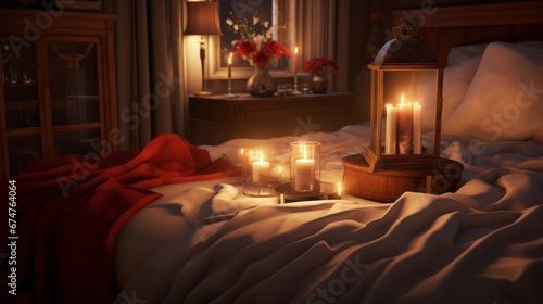 Romantic room with candles and rose petals