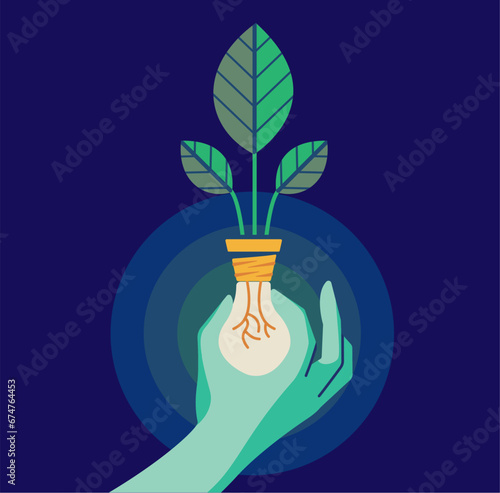 renewable energy. A human hand holding a plant, and roots are out of the flowerpot like the filament of a lamp. Vector illustration. Separated items.