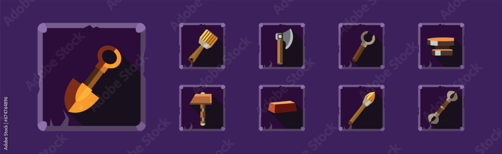 Mobile Game Icon and Object with Shovel, Brush, Axe and Wrench Vector Set Mobile Game Icon and Object with Shovel, Brush, Axe and Wrench Vector Set