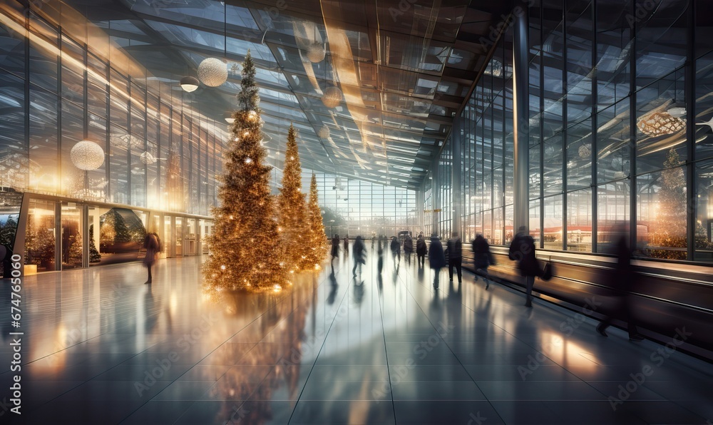 Blurry photo of airport terminal with christmas decorations and tree, people with motion, travelers reuniting with loved ones for the holidays, luggage piled high, and a giant Christmas tree.