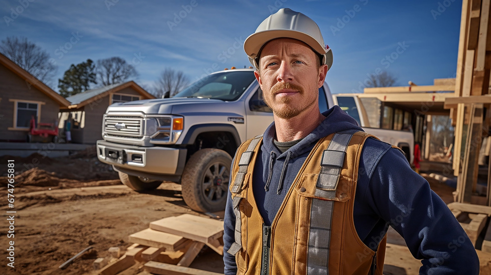 construction contractor in front of his pickup in background with small house construction site behind construction contractor in front of his pickup in background with small house construction site behind
