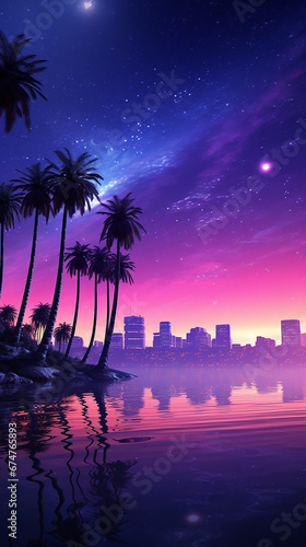 A futuristic cityscape at purple sunset in the background with stars and palms