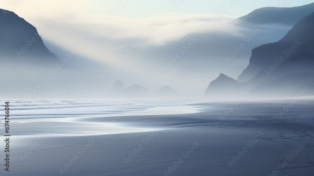 Fototapeta premium travel mountain beach mist landscape illustration blue fog, rock view, water foggy travel mountain beach mist landscape