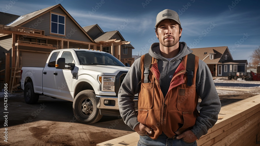 Construction contractor in front of his pickup in background with small house construction site behind