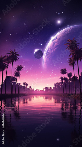  A futuristic cityscape at purple sunset in the background with stars and palms