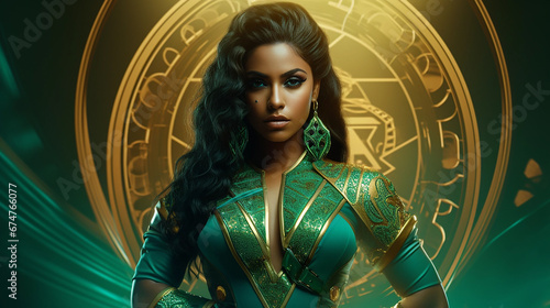 An emerald-coloured background with 2 crossed axes forming an X, a female genie is in the middle with her arms crossed and looking determined hyperrealistic, anamorphic lens photo