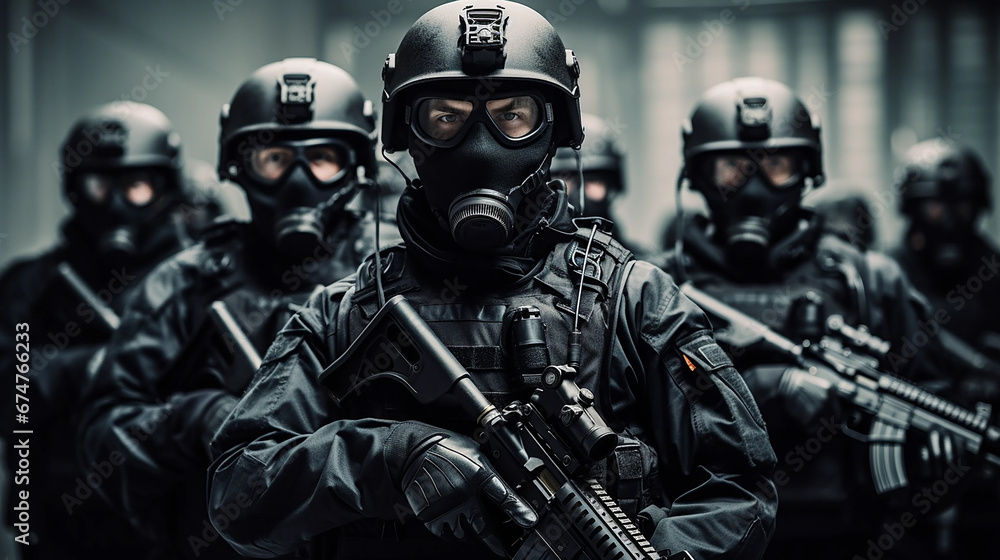 SWAT Company soldiers in formation, ready for battle. They are equipped with modern firearms and are in a ready position, giving the impression of an imminent threat, purple and black - obrazy, fototapety, plakaty 