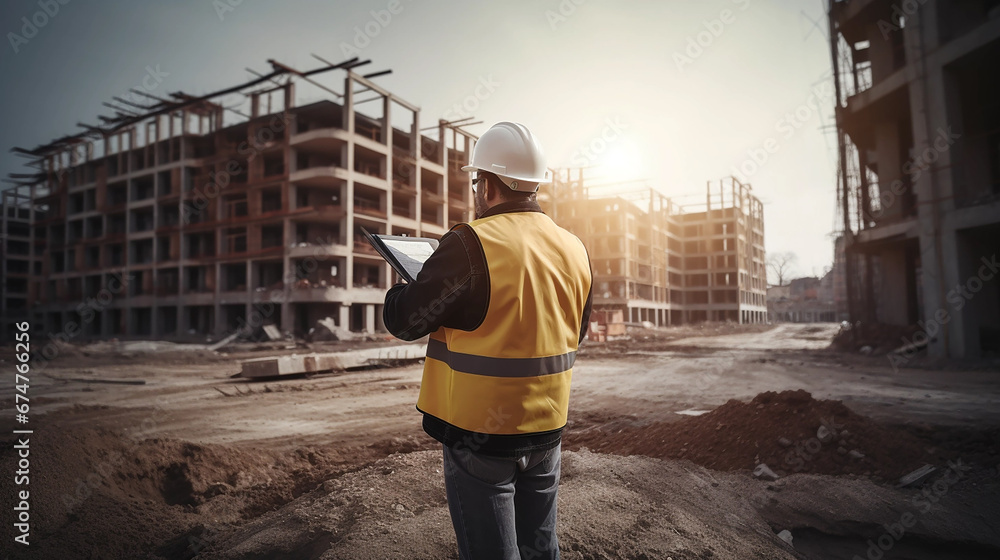 Construction contractor on the site of a large building with other workers in the background Construction contractor on the site of a large building with other workers in the background