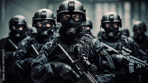 SWAT Company soldiers in formation, ready for battle. They are equipped with modern firearms and are in a ready position, giving the impression of an imminent threat, purple and black photo