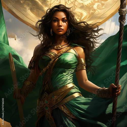 A flag with an emerald background with 2 crossed axes and a female genie in the middle with her arms crossed. photo