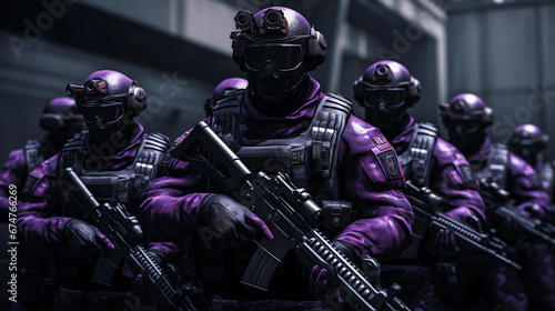 SWAT Company soldiers in formation, ready for battle. They are equipped with modern firearms and are in a ready position, giving the impression of an imminent threat, purple and black © Jacknoo