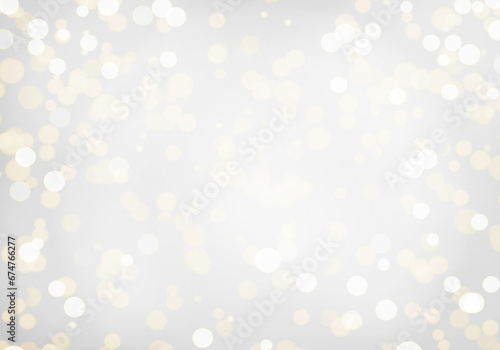Abstract lights blur bokeh white background. Decorative Happy New Year and Christmas shining wallpaper. Defocused glitter festive abstract holiday mockup. Flat lay, top view, close up, copy space