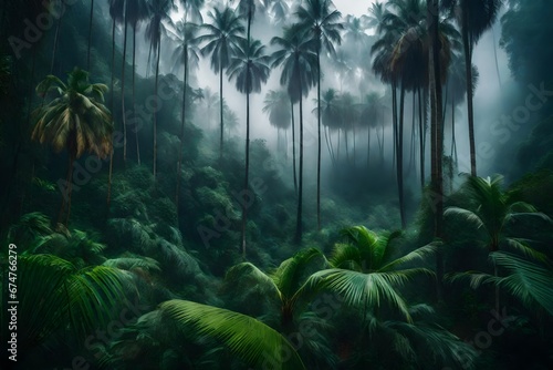 Jungle  rainforest during the plank  palm trees in the morning in the fog  jungle in the haze  palm trees in the haze