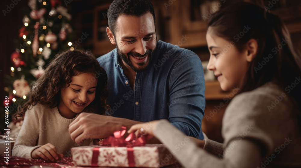 father mother and daughter wrap gifts in the living room father mother and daughter wrap gifts in the living room