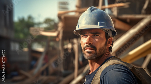 Construction contractor with heavy-duty helmet on the site of several houses under construction