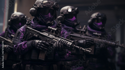 SWAT Company soldiers in formation, ready for battle. They are equipped with modern firearms and are in a ready position, giving the impression of an imminent threat, purple and black