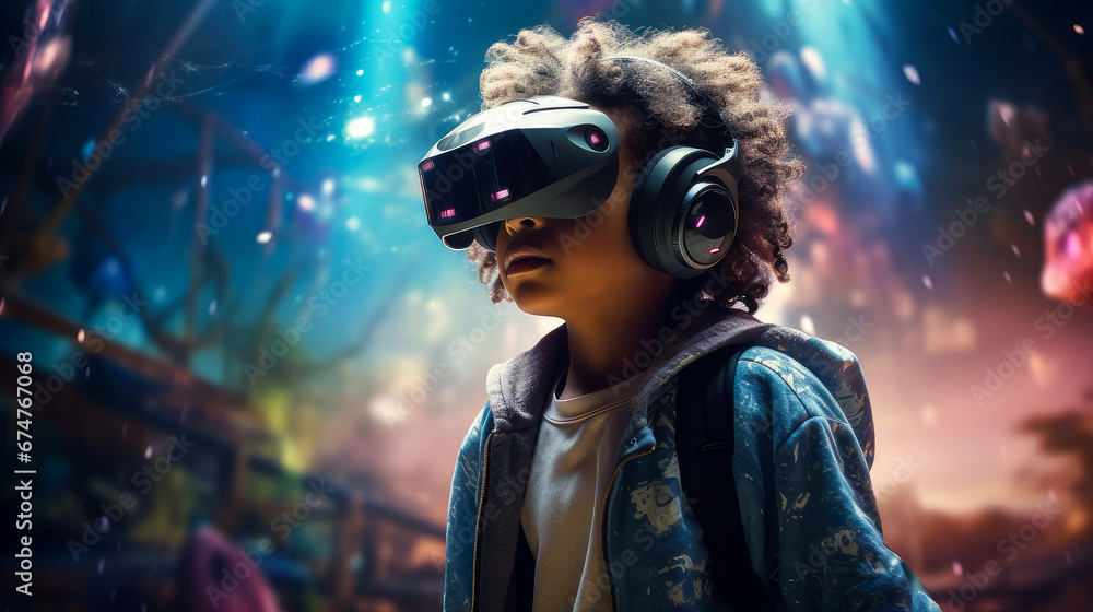 Portrait of a happy smiling enthusiastic african american black woman child boy man wearing virtual reality headset. Portrait of a happy smiling enthusiastic african american black woman child boy man wearing virtual reality headset.