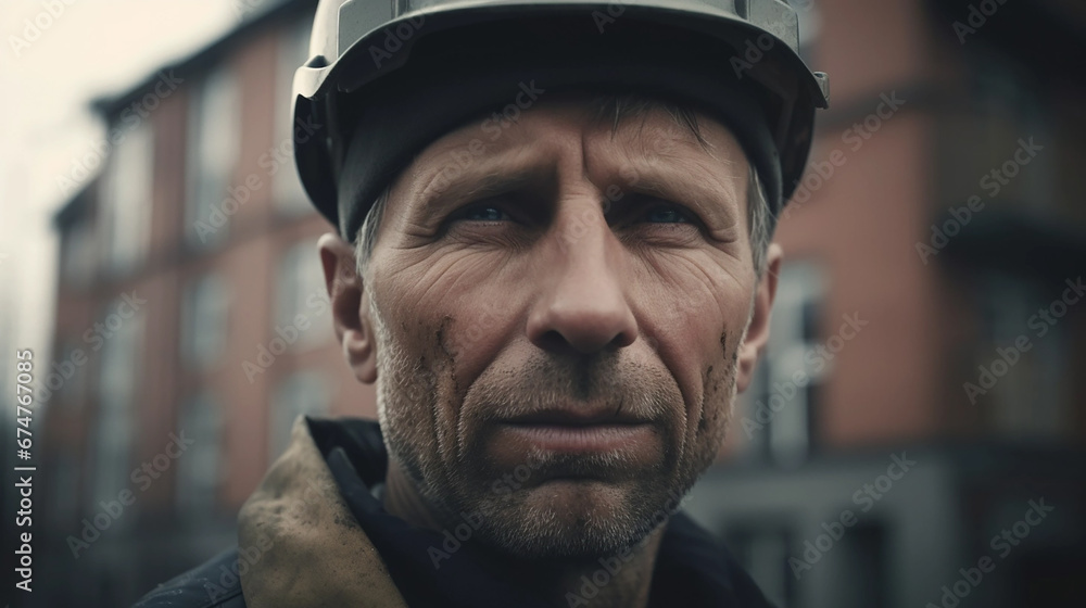 A dubious-faced building contractor with a building site in the background A dubious-faced building contractor with a building site in the background
