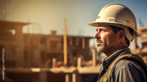 A building contractor with a doubtful, thoughtful face, with a building site in the background photo