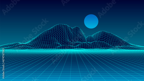 Abstract digital polygonal wireframe landscape. Blue mesh illustration on dark background. Digital polygonal wireframe landscape.