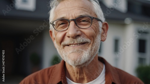 Close Up Portrait of a Cheerful Senior man with Gray Hair Standing Outdoors in Front of a Residential Area Home. Retired Adult man Looking at Camera and Smiling photo