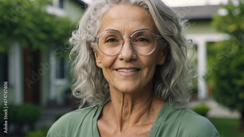 Close Up Portrait of a Cheerful Senior woman with Gray Hair Wearing Glasses Standing Outdoors in Front of a Residential Area Home. Retired Adult woman Looking at Camera and Smiling