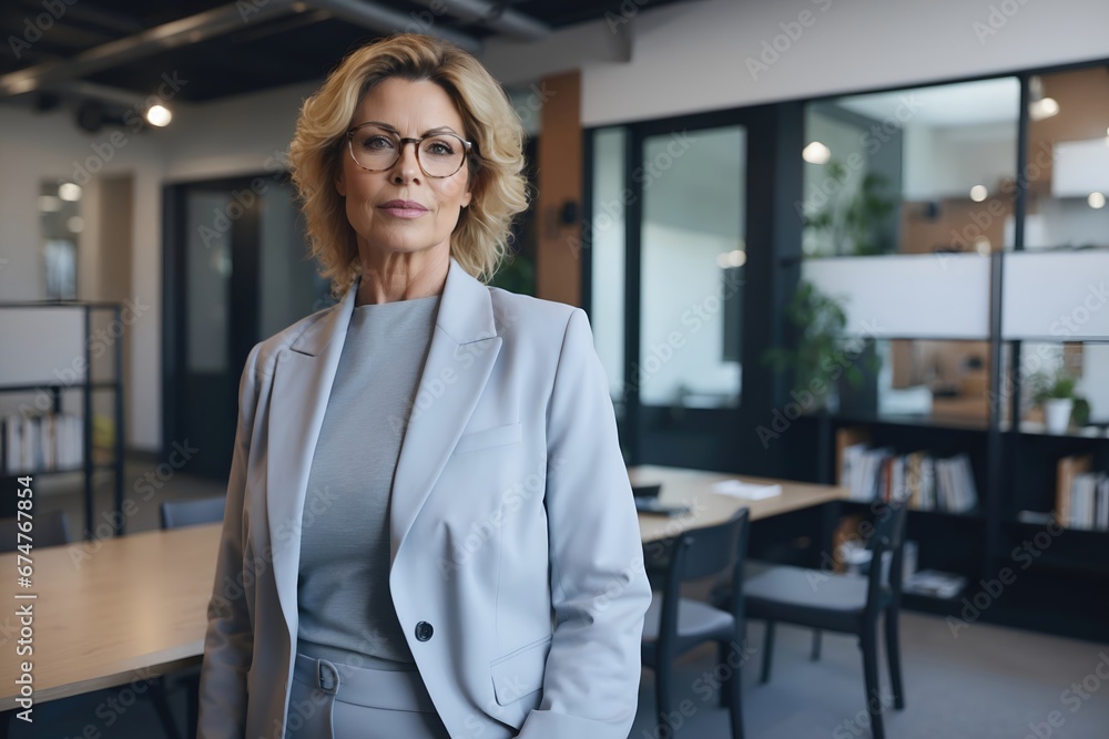Portrait of a professional woman in a suit standing in a modern office. Mature business woman looking at the camera in a workplace meeting area. Portrait of a professional woman in a suit standing in a modern office. Mature business woman looking at the camera in a workplace meeting area.