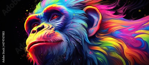 Abstract 3d colorful hologram monkey animal drawing in dark background. AI generated photo