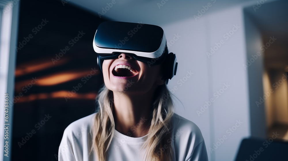 Portrait of a happy smiling passionate Caucasian girl woman blonde man in a virtual reality headset in a white room. Portrait of a happy smiling passionate Caucasian girl woman blonde man in a virtual reality headset in a white room.