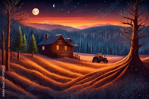 nature, A tractor harvesting wheat starch in the sunset on a country fieldart illustration sailing boat under galaxy night sky dreamy scenery,Starry night ,full moon ,winter forest , Christmas trees ,
