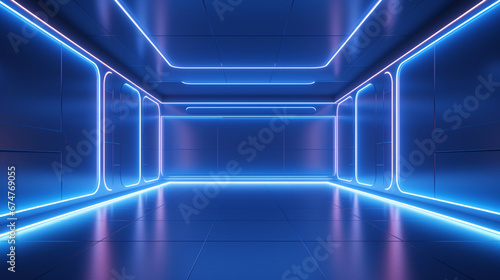  Minimal interior of a dark empty room with blue neon glowing light. Copy space. Generative AI