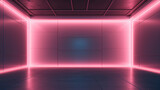 Minimal interior of a dark empty room with pink neon glowing light. Copy space. Generative AI