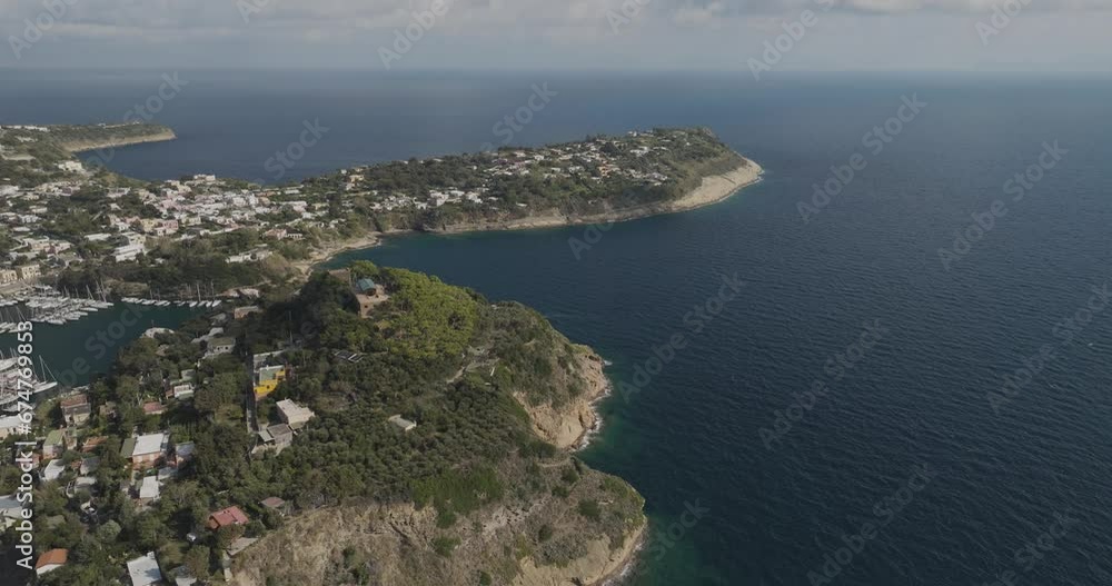 Aerial view of Cenobio di Santa Marcherita, a place of worship on Procida Island, Flegree islands archipelagos, Naples, Campania, italy. Aerial view of Cenobio di Santa Marcherita, a place of worship on Procida Island, Flegree islands archipelagos, Naples, Campania, italy.