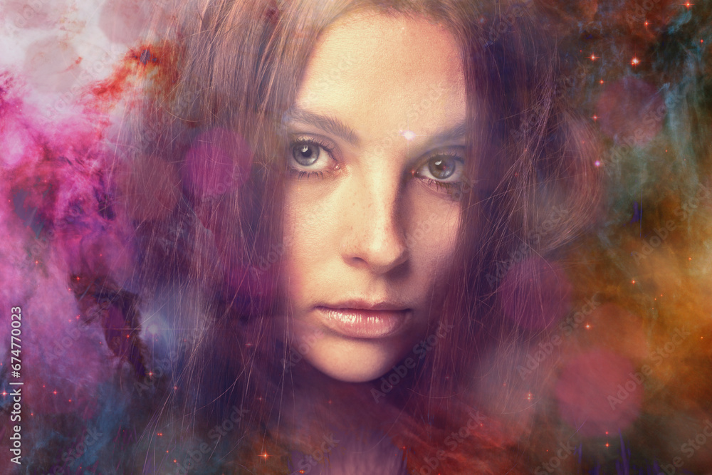 Woman, portrait and galaxy for, star dust, fantasy and nebula for art, cosmos or double exposure for solar system. Girl, outer space and color in overlay for universe, milky way and night sky on face