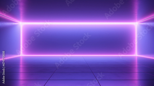 Minimal interior of a dark empty room with purple neon glowing light. Copy space. Generative AI