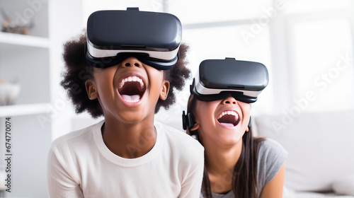 Portrait of happy smiling enthusiastic Caucasian children child  boy girl in virtual reality headset in white room.