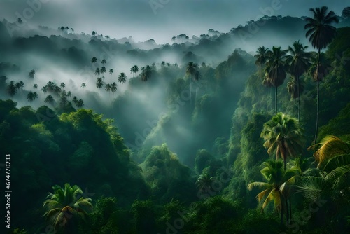 Jungle  rainforest during the plank  palm trees in the morning in the fog  jungle in the haze  palm trees in the haze