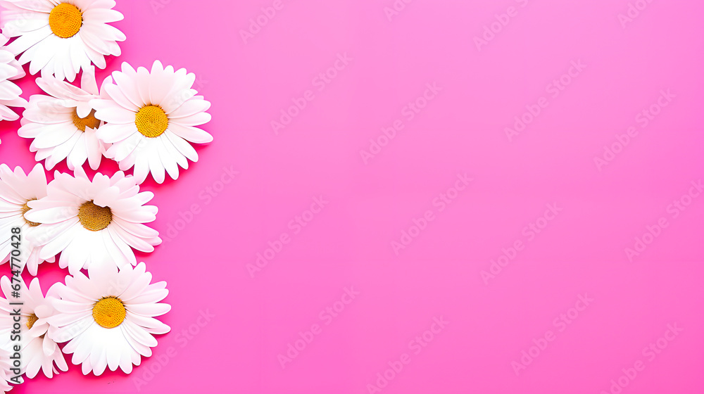 Pink background with daisies on one side. Space for text.