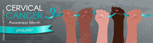 Long horizontal Banner for Cervical Cancer Awareness Month. Diverse hands hold a teal ribbon. Modern flat vector illustration