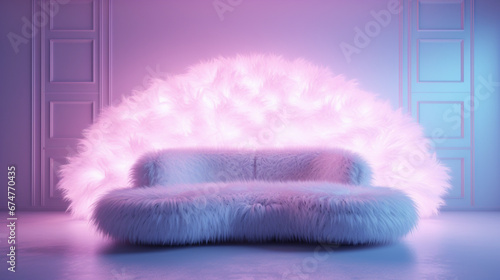 Interior of a modern minimal empty pastel pink room fur fluffy sofa and neon glowing light. Copy space. Generative AI