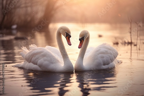 Swans in love swimming in the lake. Generative Ai