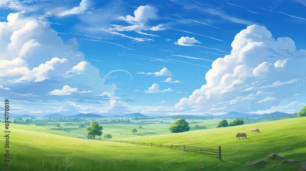 Obraz premium grass pasture heaven day landscape illustration horizon idyllic, lawn summer, countryside fresh grass pasture heaven day landscape