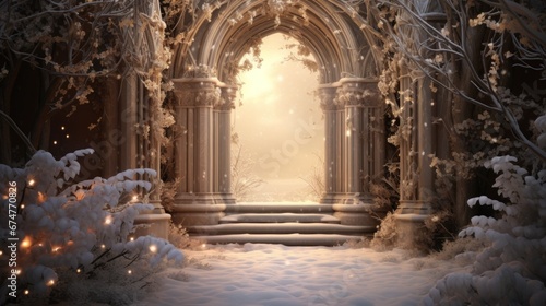 A snow covered path leads to an archway