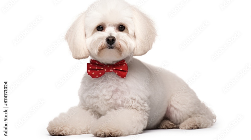 A small white dog with a red bow tie
